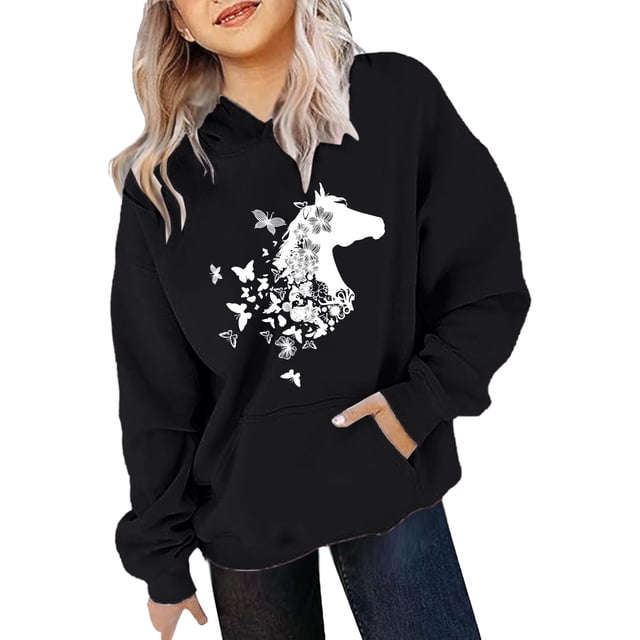 Chandail à Capuche Graphique Cheval Mignon pour Filles Manches Longues Décontracté pour Enfants