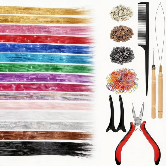 48 Inch Hair Tinsel Kit 14 Colors 3500 Strands, Fairy Glitter Hair Extensions with Complete Tools, Heat Resistant Sparkling Hair Tinsel for Women & Girls Hair Decor