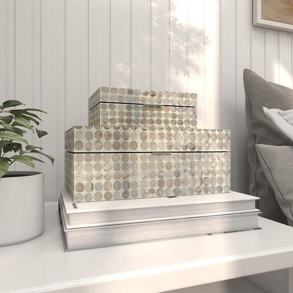 Mother of  Shell Geometric Handmade Decorative Box Set of 2 Storage Boxes with Hinged Lid, Cream