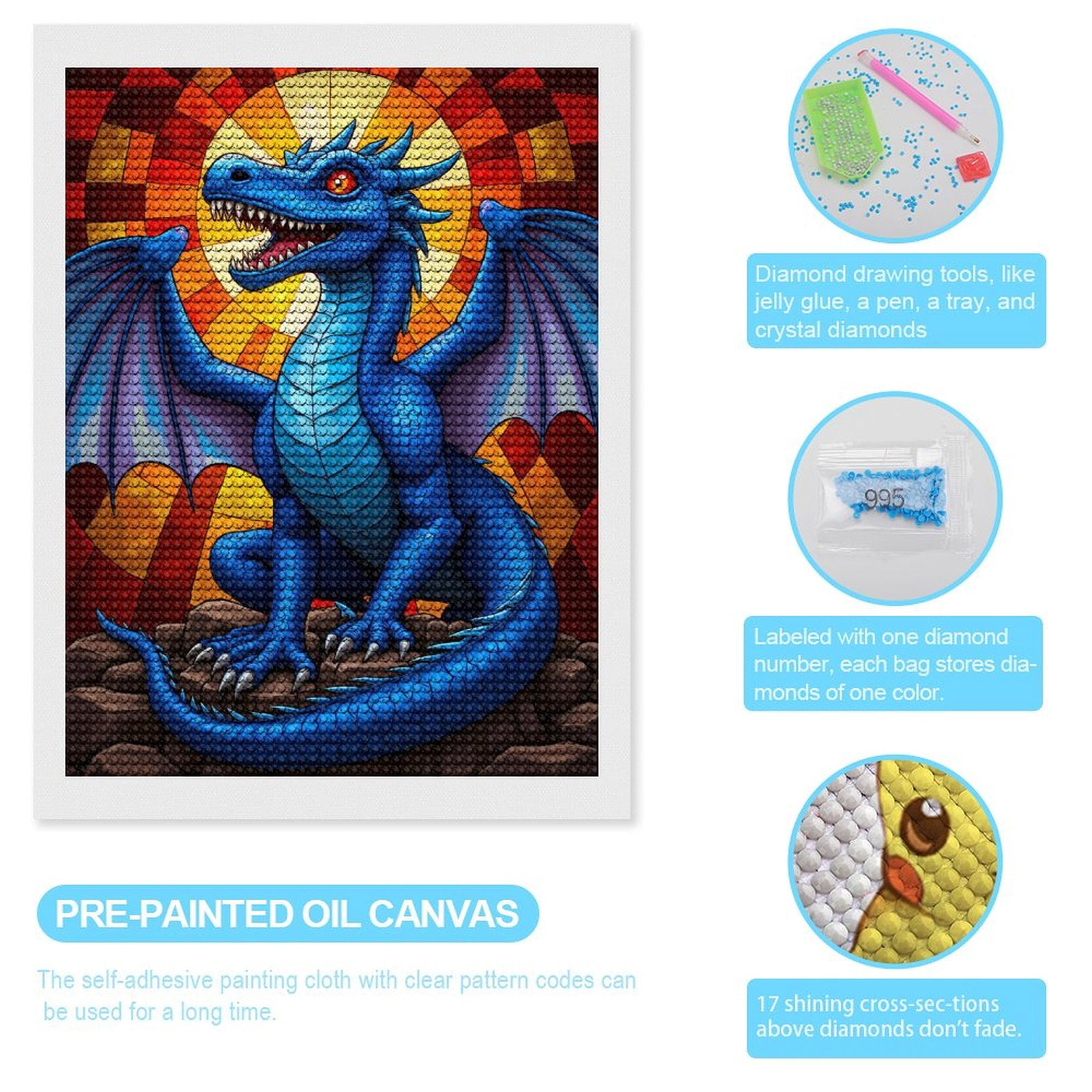 Diamond Art Kits for Adults, Blue Dragon Stained Glass Fantasy 5D Diamond Painting Kits for Adults Beginners, DIY Full Drill Diamond Painting, Gem Art and Crafts 12x16