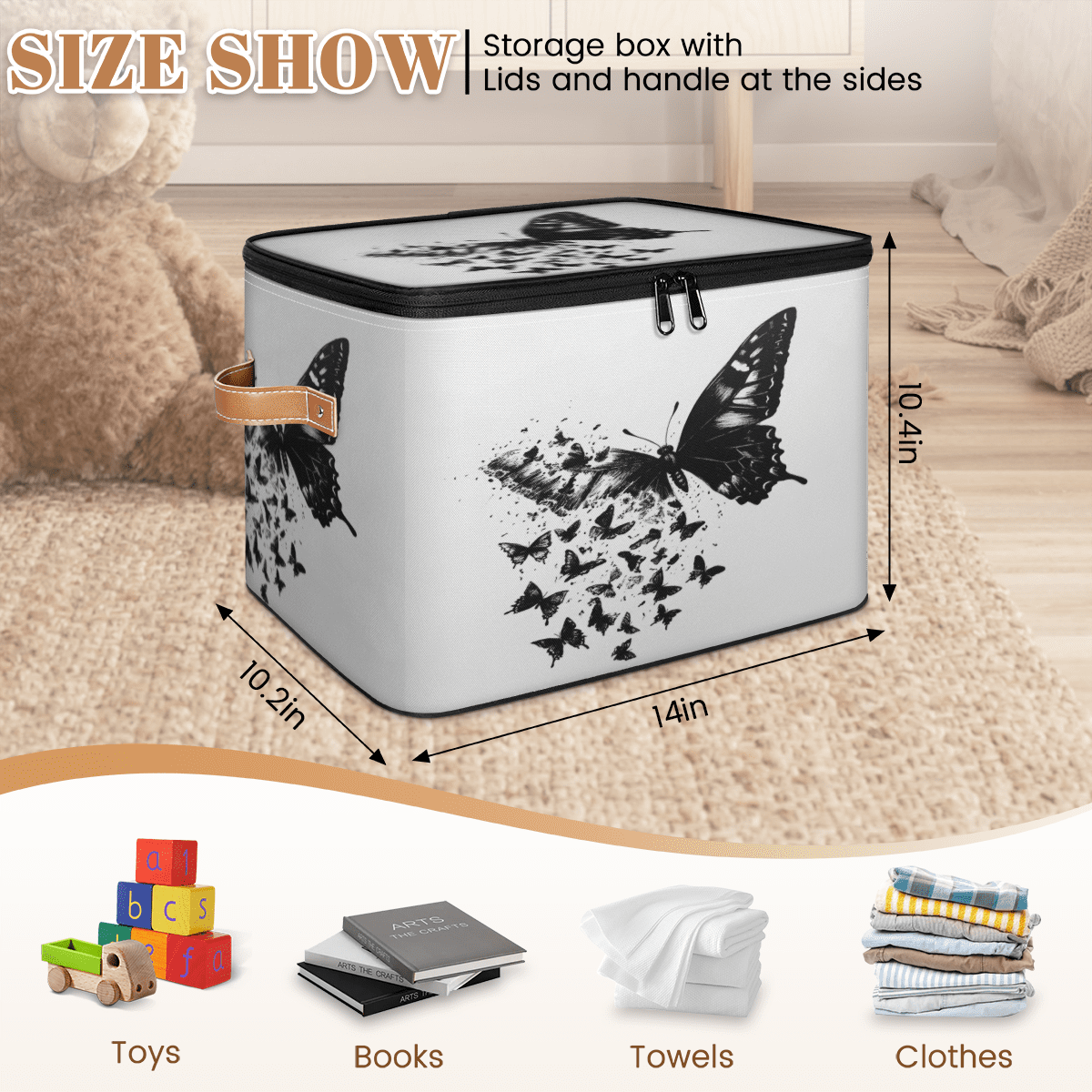 ADECORIVY Butterfly Storage Bin with Lid Fabric Black White Foldable Storage Baskets Boxes for Clothes Shelves Closet Organizer Containers with Leather Handles for Wardrobe