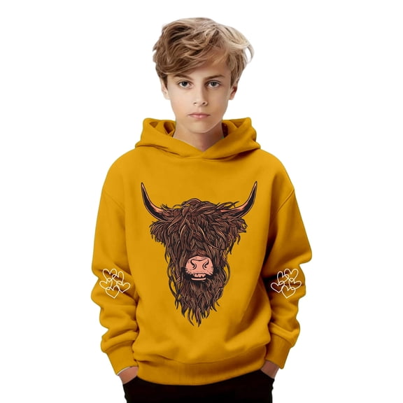 Fiaer Highland Cow Hoodie for Girls Boys Cowgirl Shirt Funny Graphic Sweatshirt Cute Tops,Size 2-14 Years Yellow 160
