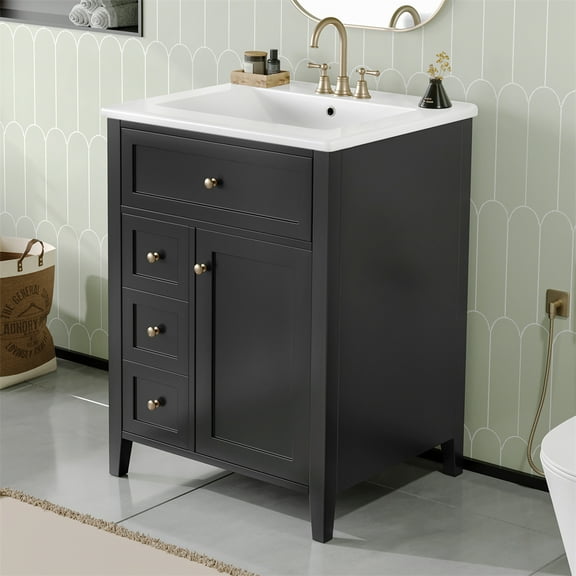 WGYPRIME 24" Bathroom Vanity with Ceramic Sink, Modern Bathroom Storage Cabinet with Flip Down Drawer, Bathroom Sink Cabinet for Small to Medium Bathrooms