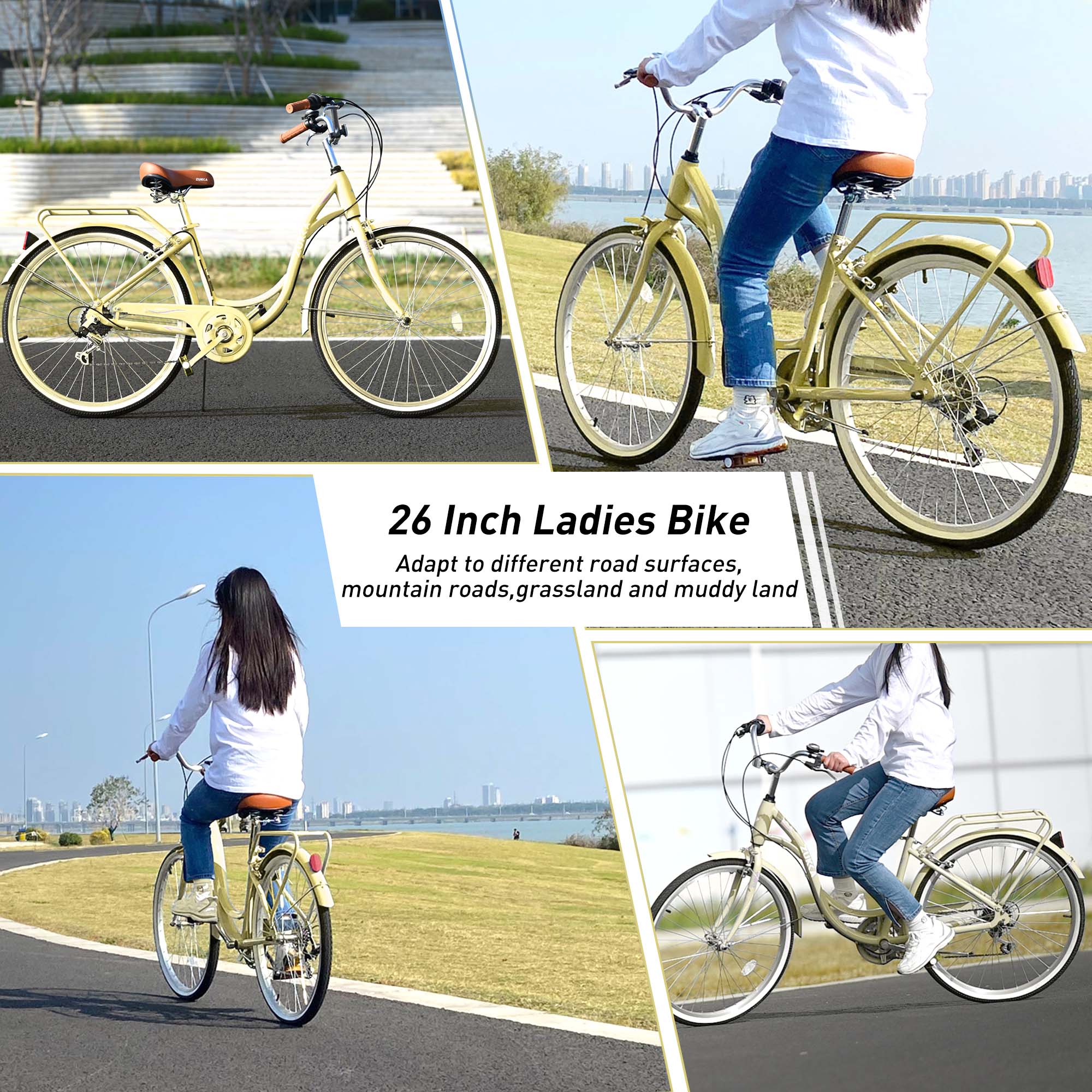 Aukfa 26" Cruiser Bike, 7 Speed Bicycle Hybrid Bikes for Women Girls Ladies, Yellow