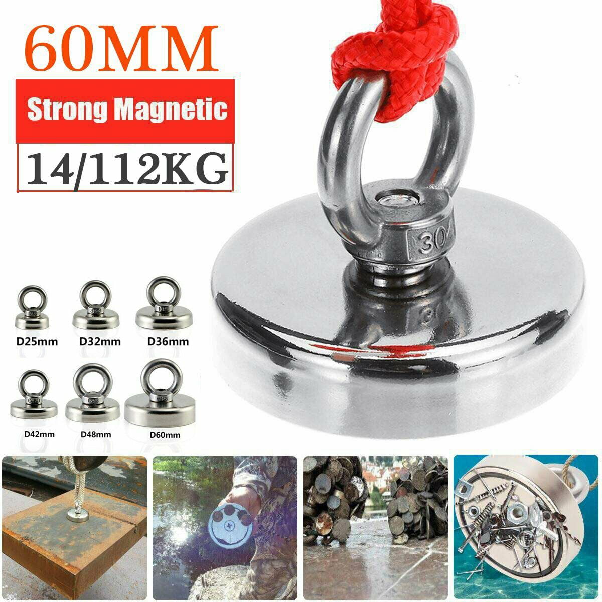 60MM 120KG DOUBLE SIDED FISHING NEODYMIUM MAGNET STRONG RECOVERY TREASURE KIT 