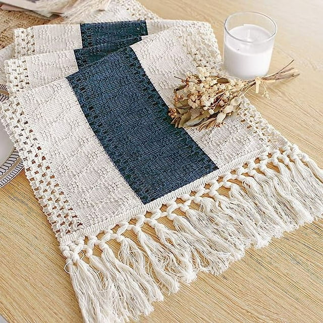 Nvzi Boho Table Runner 72 Inches Long Macrame Table Runner Farmhouse Style Cream & Blue Table Runner with Tassels for Party Bohemian Rustic Wedding Bridal Shower Dining Bedroom Decor (12x72 Inches)
