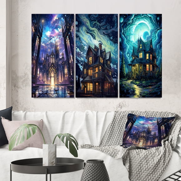 Designart « Château Royal Forteresse Majestueuse » Ensemble d'Art Mural de Chateaux de 3 - Ensemble de Toiles de Chateaux Violettes pour Déco de Salon
