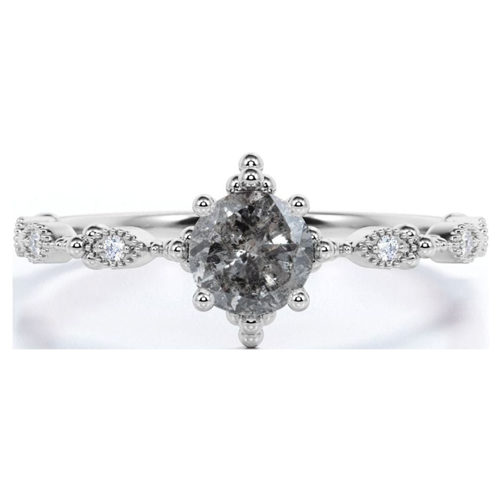 JeenMata Unique .65 Carat Round Cut Natural Salt and Pepper Diamond Dainty Modern Engagement Ring in 18k White Gold over Silver