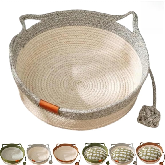 Handwoven Cotton Rope Cat Basket, Round Cat Sleeping Nest with Built-in Scratching Pad, Interactive Play Ball & Cat Ear Design, All-Season Breathable Bed for Cats and Small Dogs