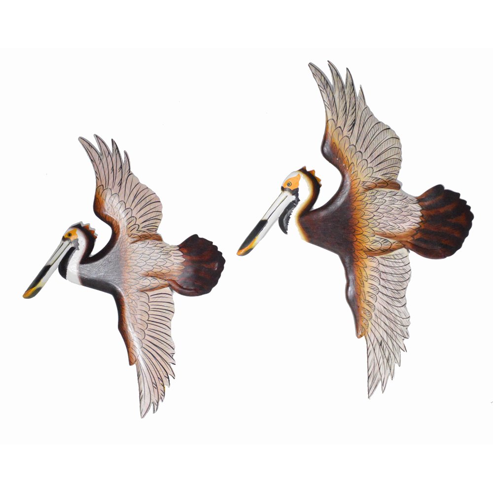 Set of 2 Hand Carved Flying Colorful Wood Pelican Wall Art Hang on
