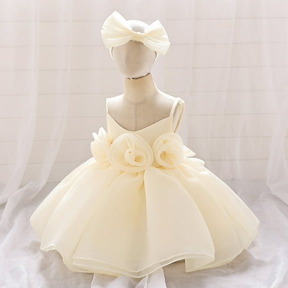 WSMEA Dresses for Girls Dance Party Sleeveless Solid Color Flower Birthday Party With Headband Skater Dress