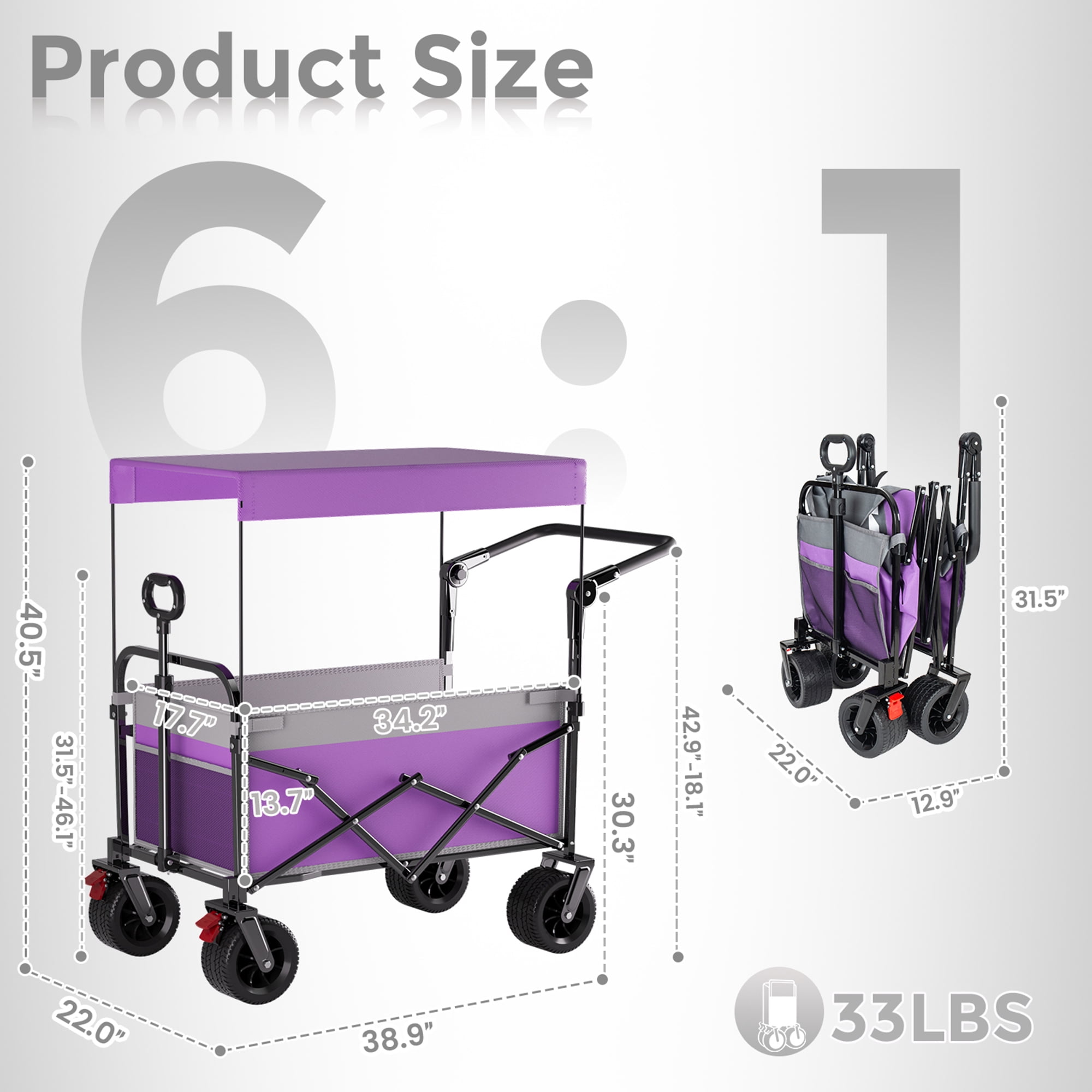 Push and Pull Wagon with Detachable Canopy All-Terrain Wheels 300 lbs Capacity 200L Grocery Pet Cart