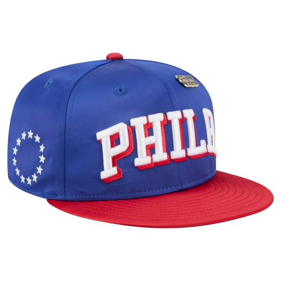Men's-New Era  Royal/Red Philadelphia 76ers Throwback Satin Vintage Pin Two-Tone 59FIFTY Fitted Hat
