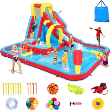Adnoom Bounce House Water Slide with Basketball Hoop, Kids Inflatable Castle with Obstacle Course, Dual Pools, Climbing Wall & Water Cannons, Jumping Castle without Blower, Indoor/Outdoor