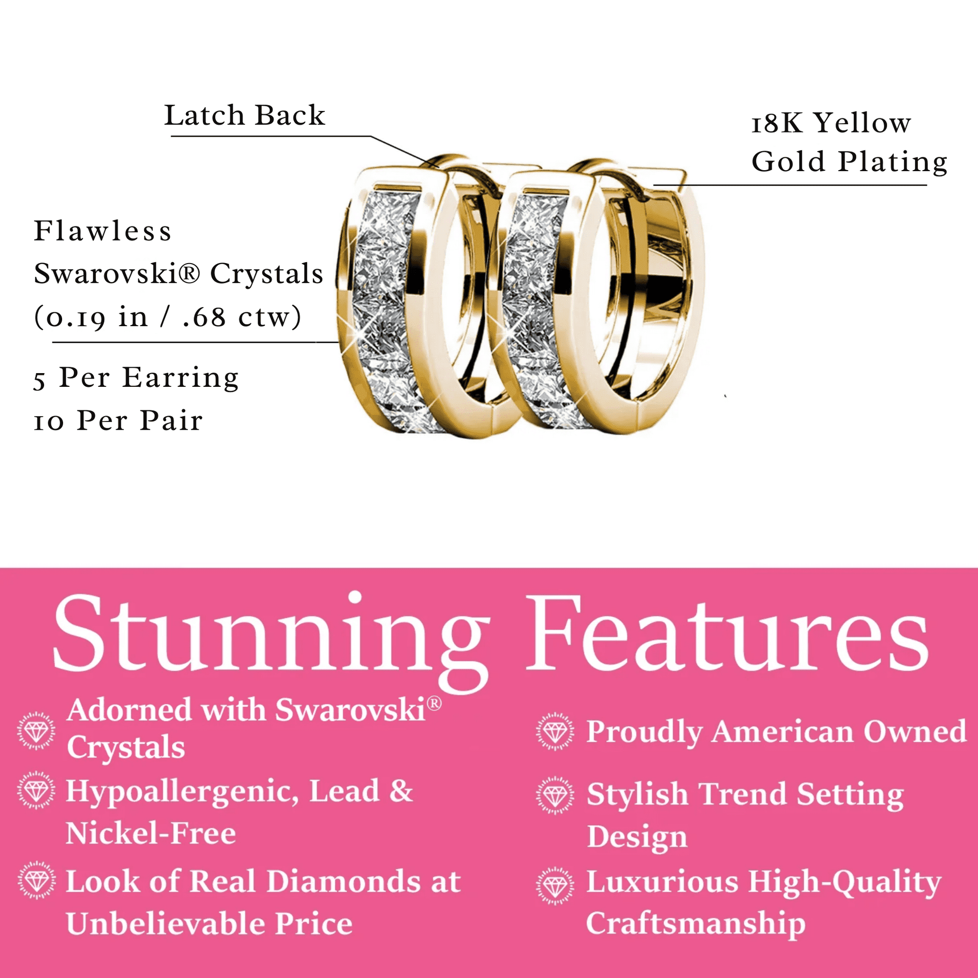 Cate & Chloe Pack of 3 - Giselle 18k Yellow Gold Plated 15mm Hoop Earrings with Swarovski Crystals for Women
