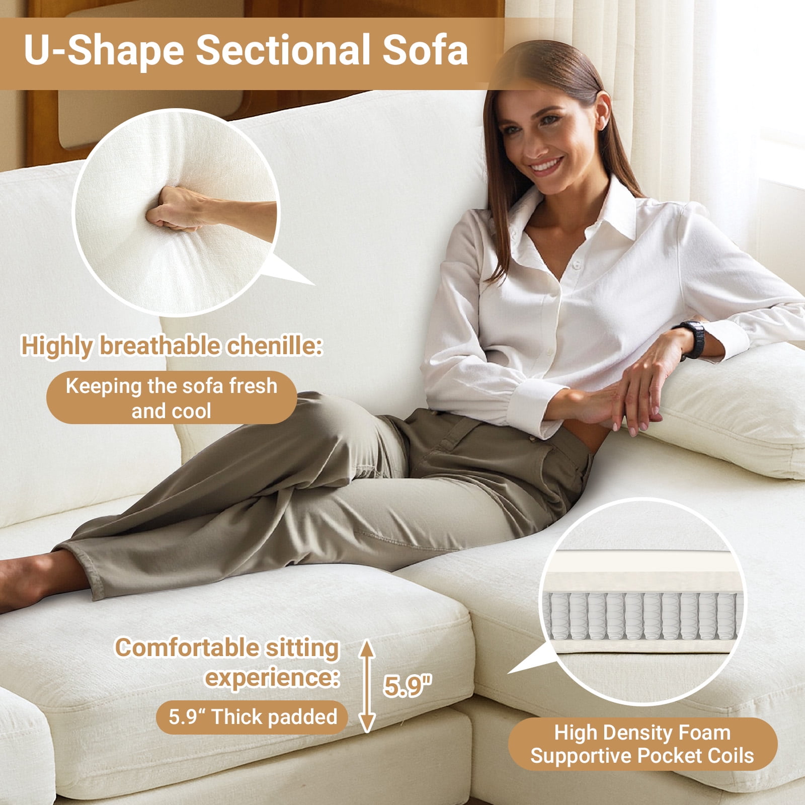 Ktaxon U-Shaped Sectional Sofa, 111"  Chenille Couch, 4 Seat Lounge Sleeper with Double Chaise for Living Room Off White