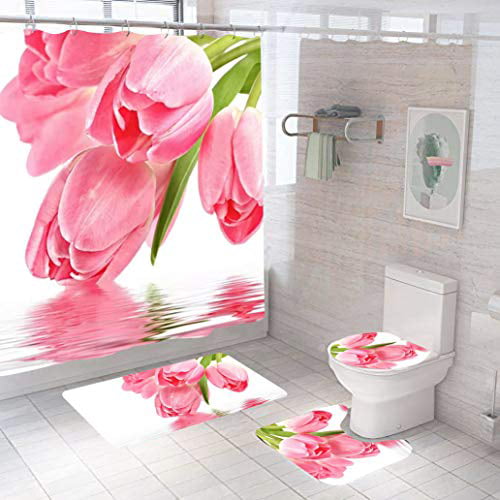 Bathroom Mat Shower Curtain Set Pink Shoe and Tulips Polyester Waterproof Fabric 