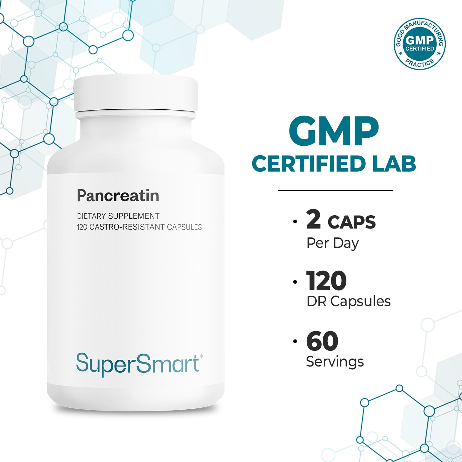 SuperSmart Pancreatin 10X (Extra Strength) - Pancreatin Digestive Enzymes Supplement - Protease, Lipase, Amylase with Trypsin | Non-GMO & Gluten Free - 120 DR Capsules