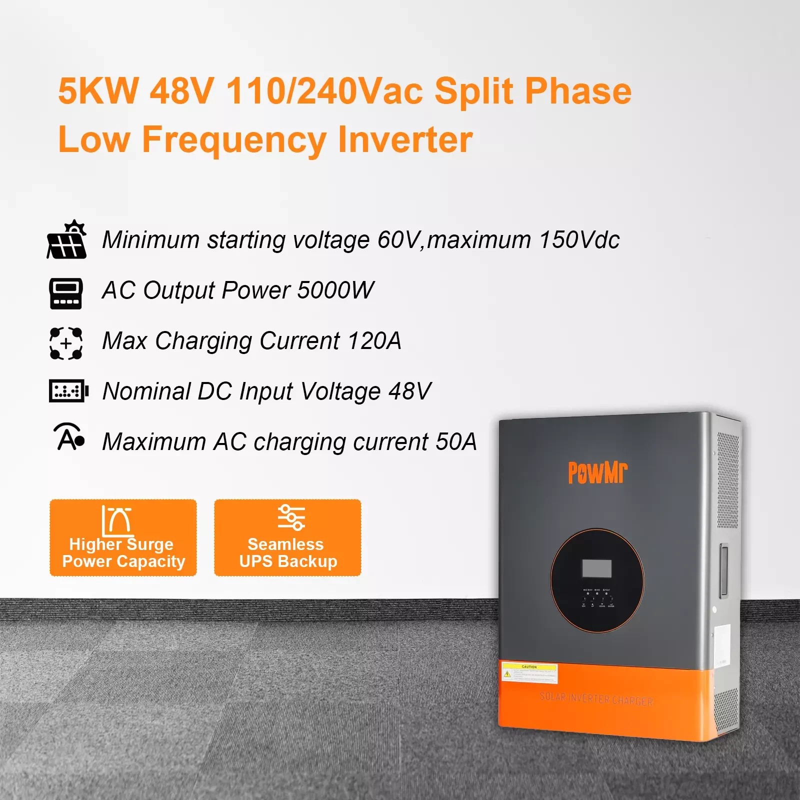 PowMr 5000W 48V Low Frequency Hybrid Solar Inverter 110V 220V Split Phase Off Grid 120A MPPT Controller Max PV 150V LCD Display For Flooded Lead-acid Vented Sealed Gel NiCd Lithium Battery