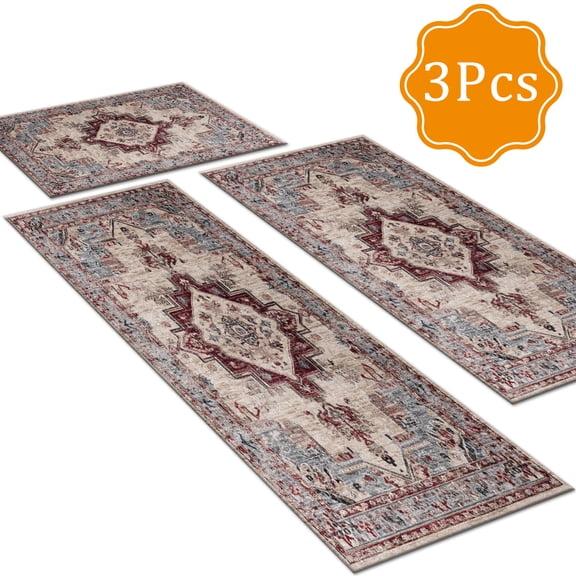 BlueDreamer Kitchen Rugs 3Pcs, Non Slip Kitchen Mats for Floor Waterproof & Stain Resistant Carpet Area Rug for Kitchen, Laundry Room, Hallway