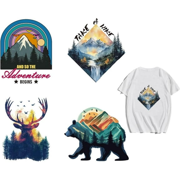 4 Pcs Adventure Iron on Decals Patches Plastic Heat Iron on Stickers Forest Mountains Deer Bear Transfer Stickers Washable Patches for DIY Clothes Decor 9inch(23cm) Long