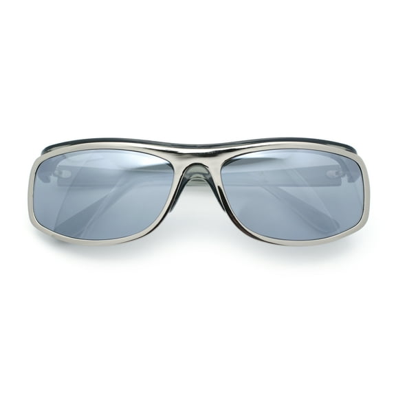 90s Style Flat Top Half Rim Narrow Rectangle Wrap Sport Sunglasses Slate Silver - Silver Mirror