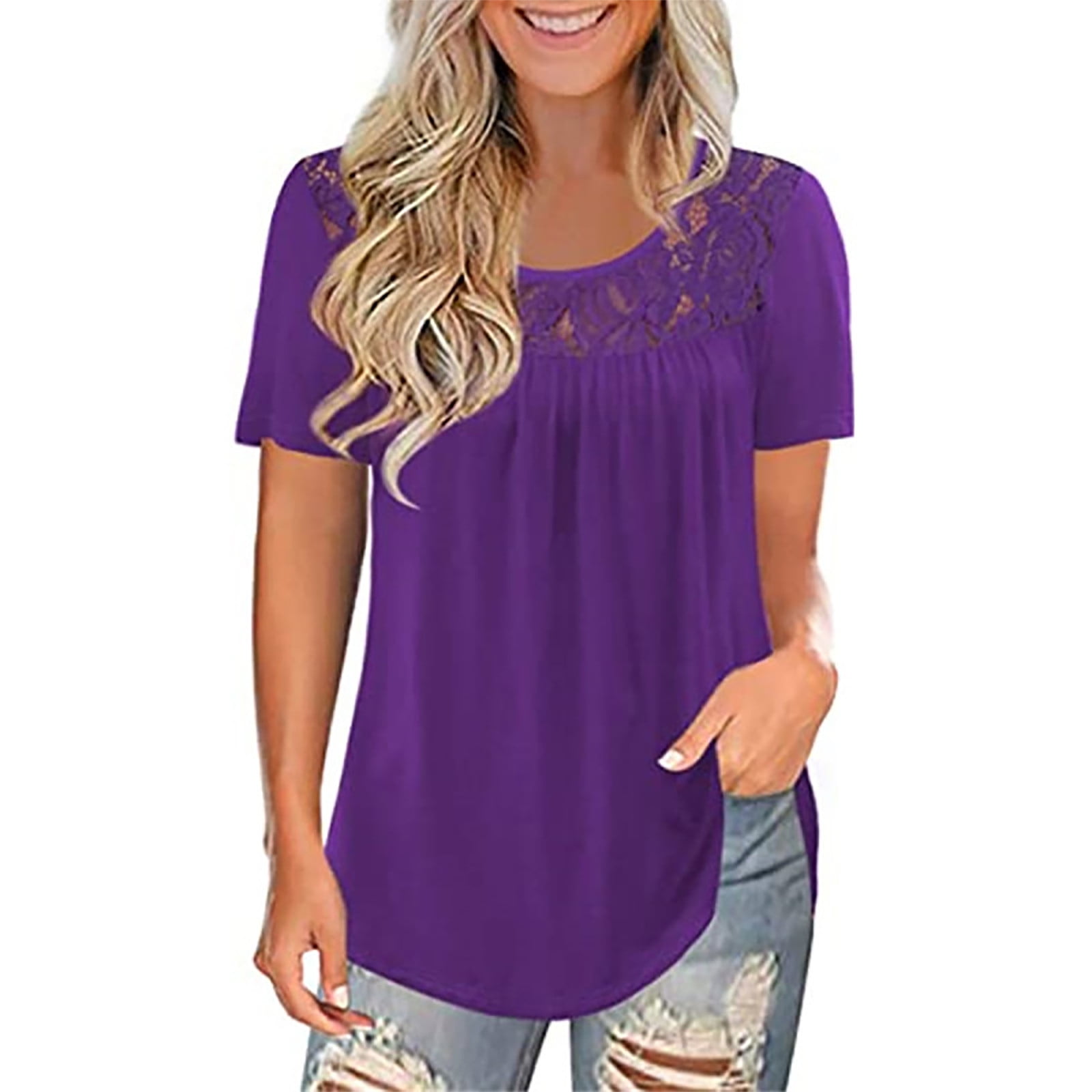 Purple Womens Tops Women Fashion Lace Solid Splicing O-Neck Short