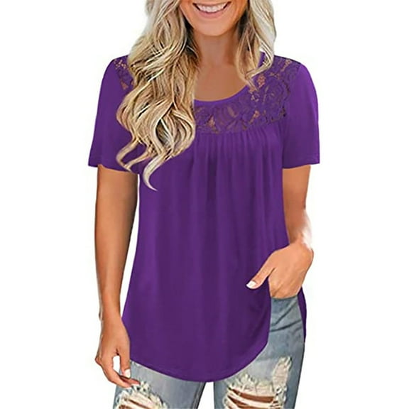 CAMERIARI Splicing Short Sleeve Round Neckline Tshirts Shirts for Women, Size S-5XL, Big&Tall, Purple, Women Fashion Lace Solid Splicing O-Neck Short Sleeve T-Shirt Blouse Tops
