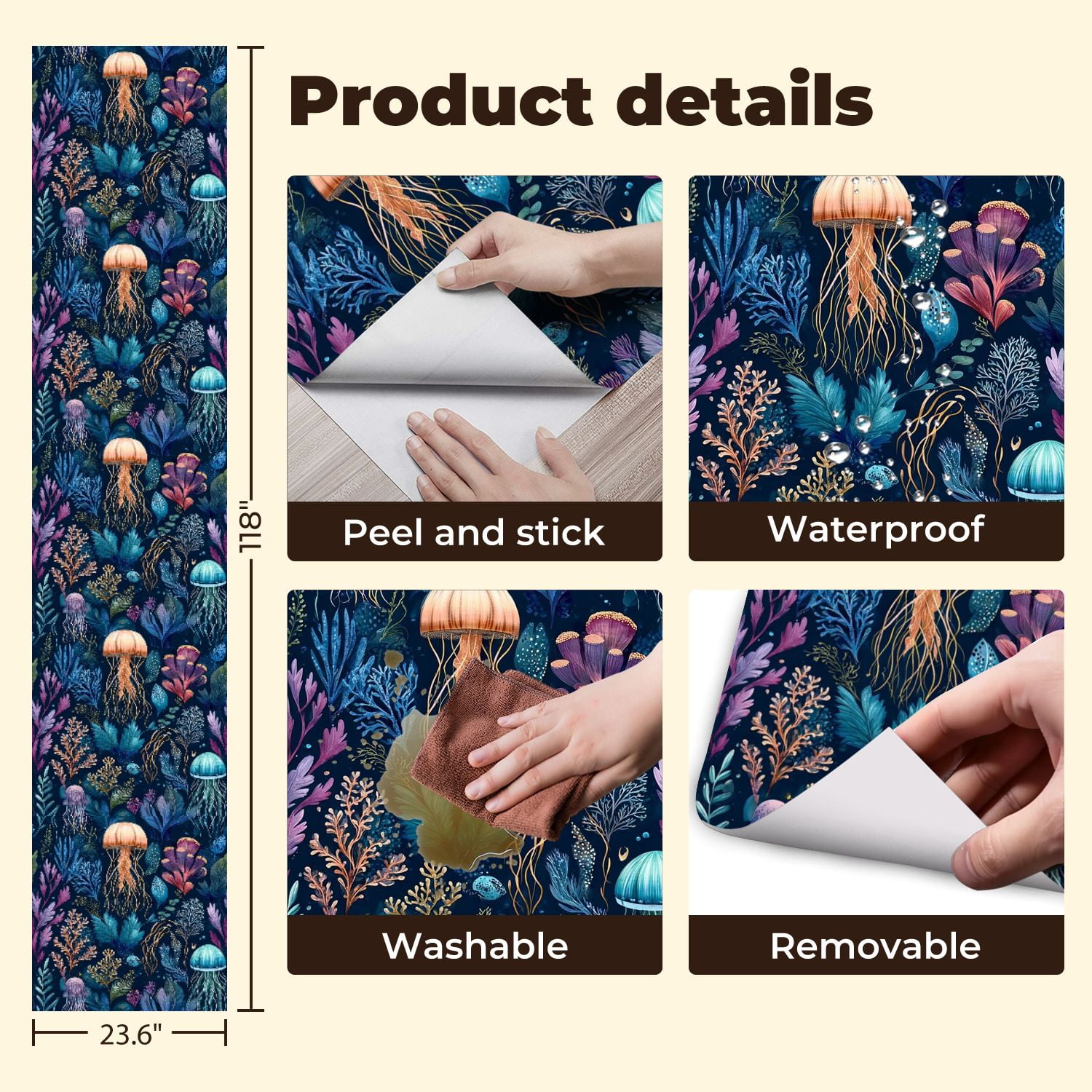 Peel and Stick Wallpaper Vibrant Underwater Jellyfish Seaweed Wall Mural 23.6in x 9.8ft Self Adhesive Removable Wall Paper Renter Friendly Wallpaper for Nursery Bedroom Cabinets