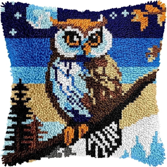 Owl Latch Hook Kits for Adults Beginners, Bird Latch Hook Pillow Kit, Pre-Printed Latch Hook Rug Kits, Cross-Stitch Cushion for Home Sofa Decoration 17x17 in. Handmade Gift
