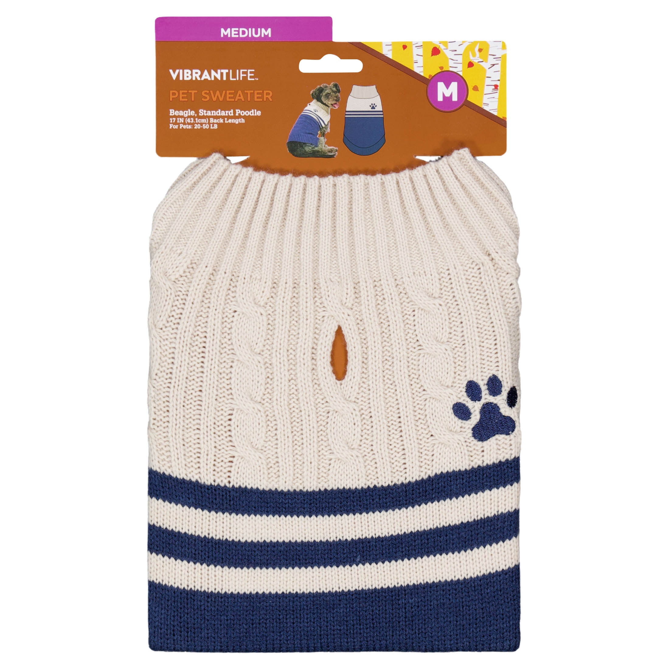 Vibrant Life Cable Knit Sweater for Dogs, Paw Print, Cream and Navy, M
