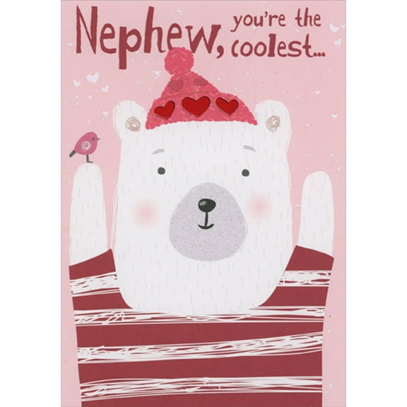 Designer Greetings Polar Bear with Raised Arms Wearing Striped Shirt and Hat Decorated with Hearts Juvenile Valentine's Day Card for Nephew