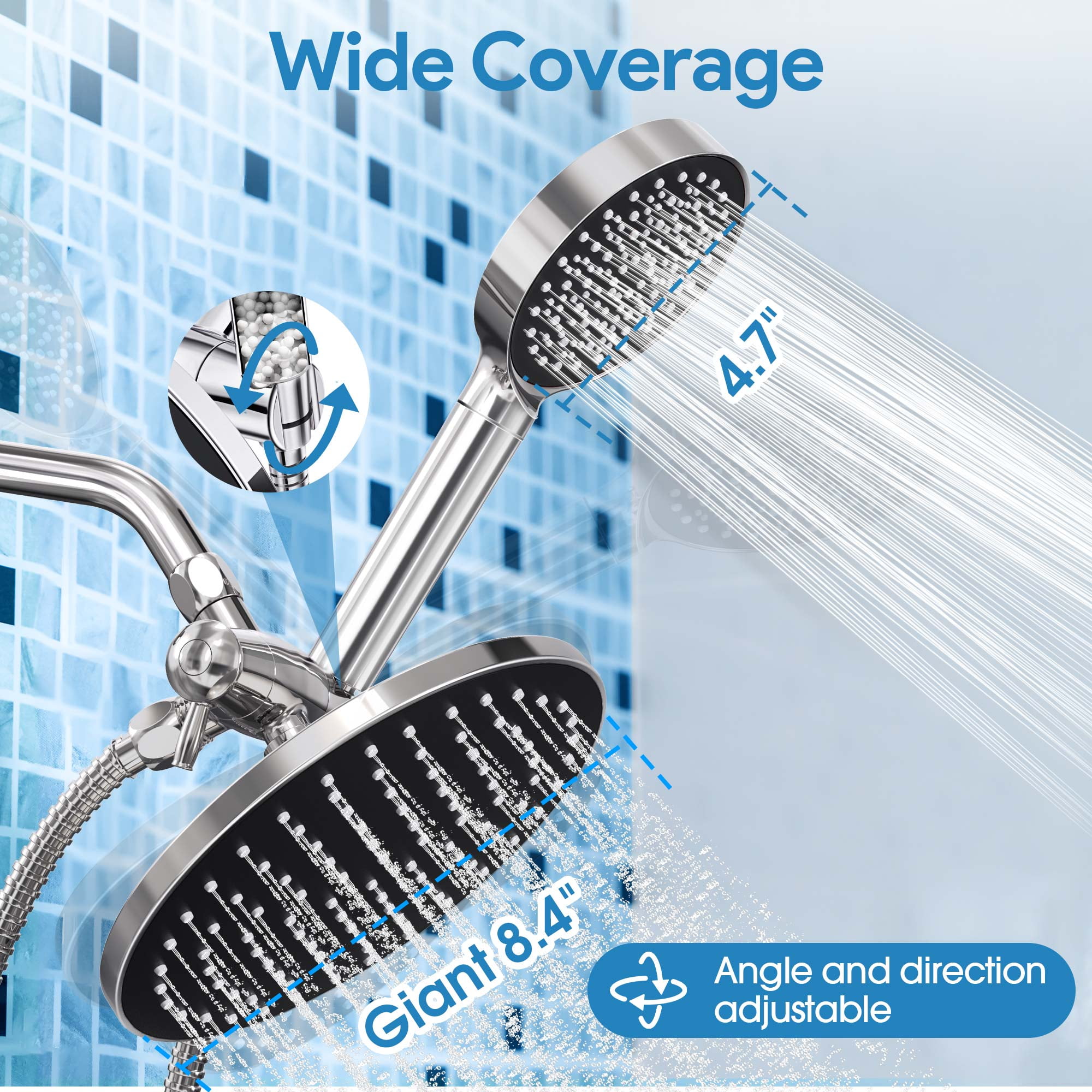 Qunler Dual Shower Head with Filter, 6 Modes 3-Way Rainfall High Pressure Showerhead with Handheld Combo 72" Long Hose, Black