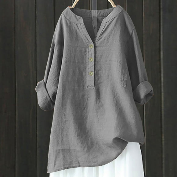 SHIXIAOO Loose Button Down Blouse Tops Stand Solid Sleeve Collar Long Casual Women Shirt Women's Blouse Light Weight Tee Light T Shirt