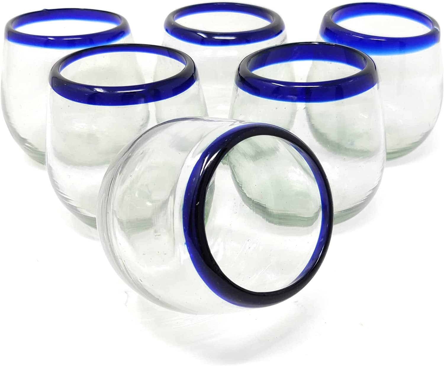 Hand Blown Mexican Stemless Wine Glasses Set of 6 Glasses with Cobalt