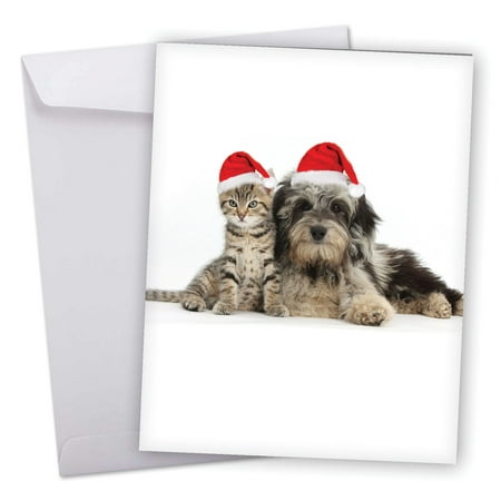 J6596FXSG Jumbo Merry Christmas Card: 'Copy Cats' Featuring an Adorable Puppy and Kitten in Matching Santa's Hats for Christmas Greeting Card with Envelope by The Best Card