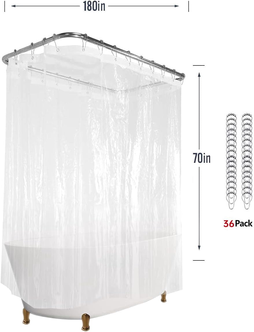 Clawfoot Tub Shower Curtain Liner 180x70 Inch Clear Warp Around Extra Wide 36 Metal Hooks Heavy Duty Vinyl Bath Curtain for Clawfoot Stand Up Tub for Bathroom Tub PEVA Waterproof