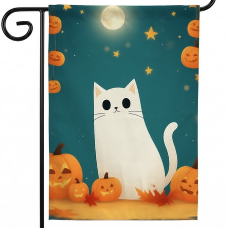 Halloween outdoor flag large halloween flags for outside A white cat sitting in front of a full moon surrounded by pumpkins. . funny flags for outside camping halloween decorations