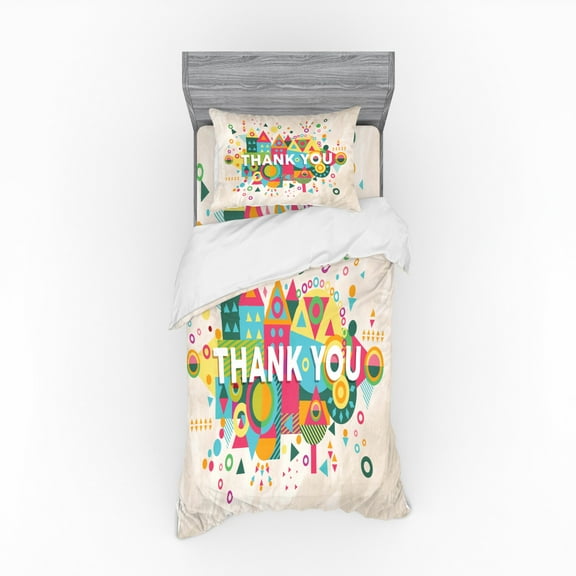 Saying Duvet Cover Set, Motivational Saying Thank You Font with Colorful Abstract Geometric Backdrop, Bedding Set with Shams and Fitted Sheet, 3 Sizes, by Ambesonne