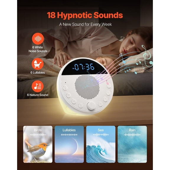 Sound Machine, 18 Soothing Sleep Sounds, 7-Color Night Light, 6-in-1 White Noise Sound Machine with Dual Alarms, APP, Auto-Off Timer and Memory Functi