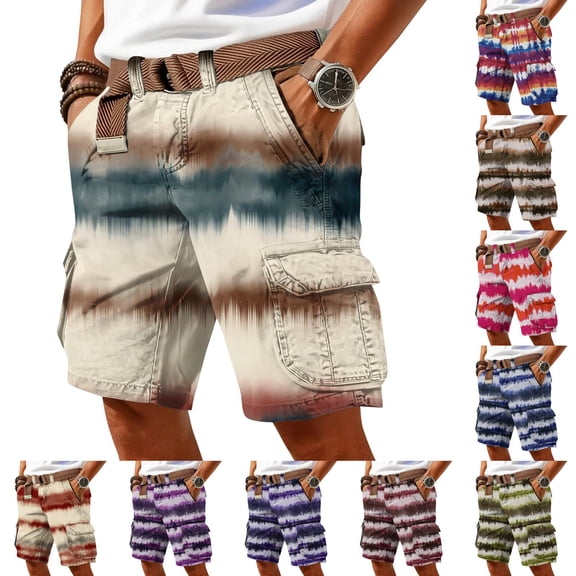 Men's Tie Dye Cargo Shorts With Multi-Pockets And Woven Belt Featuring Vintage Washed Effect For Summer Beach Hiking Streetwear Fashion Blue L