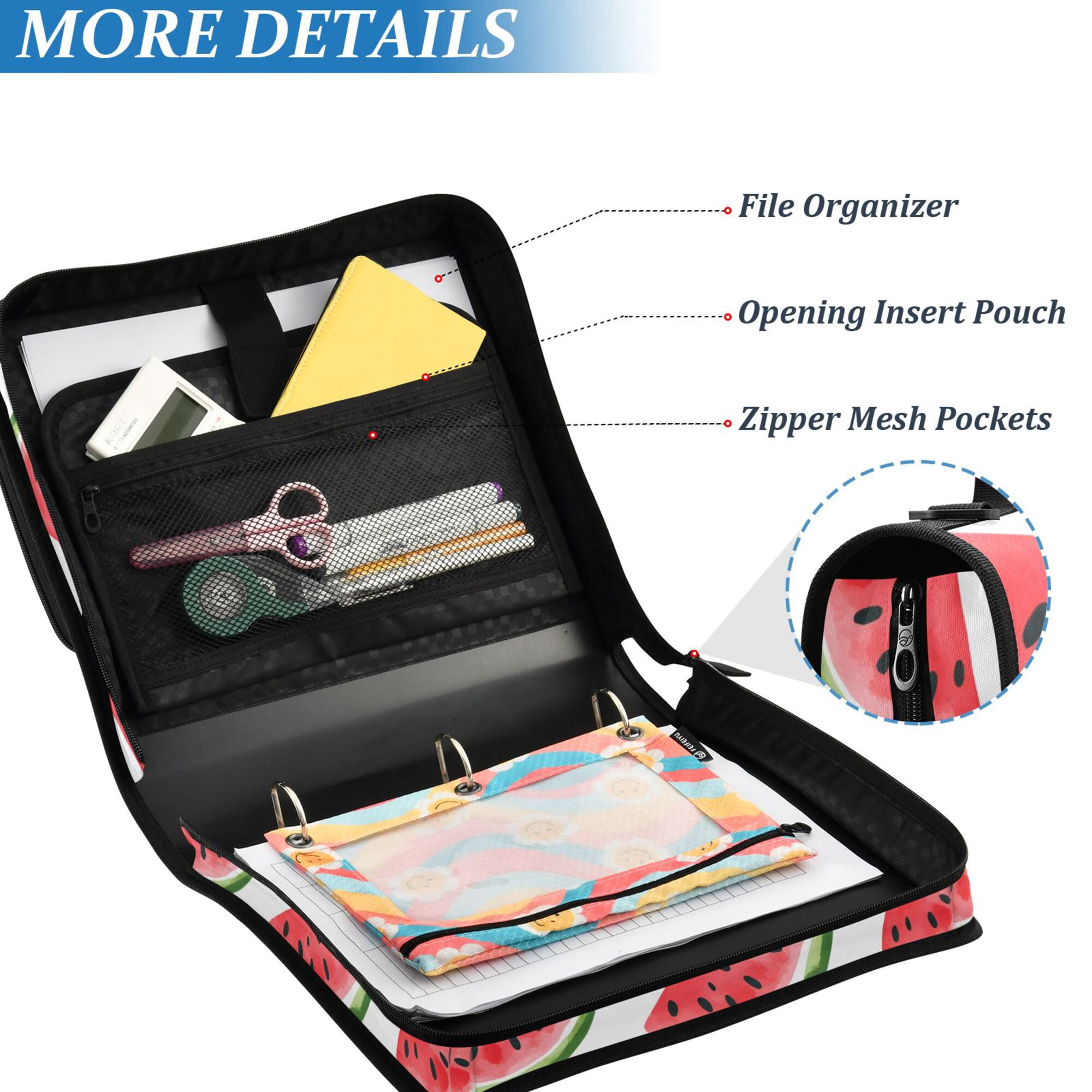 FORMRS Zipper Binder with Shoulder Strap 2-inch Ring 500 Sheet Capacity File Bag, White Watermelon