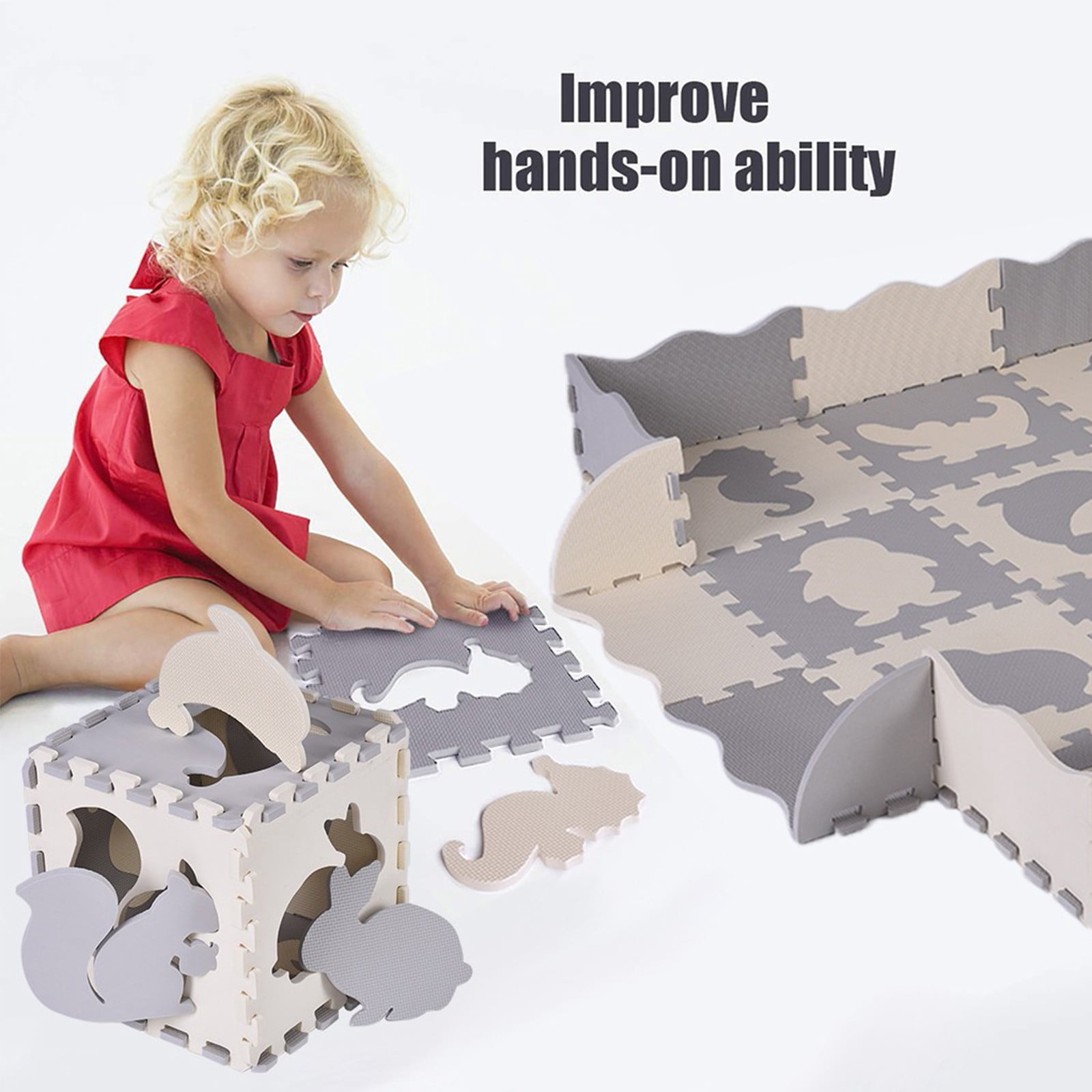 BJBSJSZ Kids Play Mat Interlocking Foam Floor Tiles, Animal Styles Puzzle Mat Soft Non-Toxic Crawling Foam Mat with Fence, Activity Playmat for Toddlers Room Decor