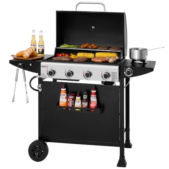 Royal Gourmet GH4001H 4-Burner Gas Grill with Side Burner, Cart Style with Front Board, for Outdoor, Patio, Backyard and Balcony, Black