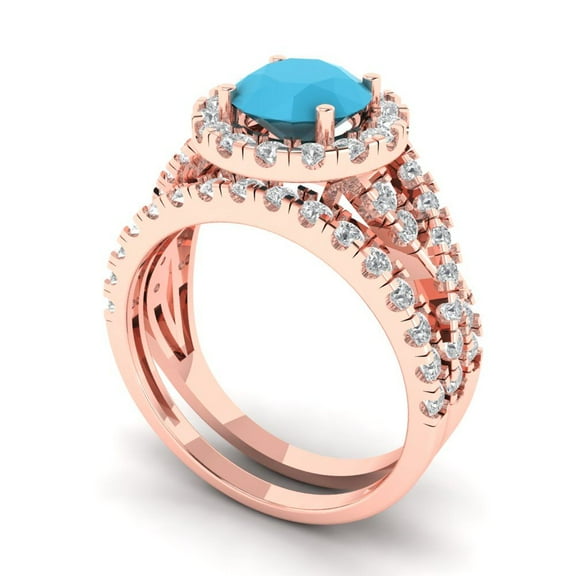 Clara Pucci 14K Rose Gold Round Cut 1Ct Simulated Turquoise Engagement Ring Matching Band - Luxury Box Included