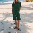thumbnail image 2 of WULMLEO Linen Short Sets for Women 2 Piece Outfits Short Sleeve Button V Neck Shirts and Bermuda Short Sets Vacation Clothes Dark Green 2XL, 2 of 7