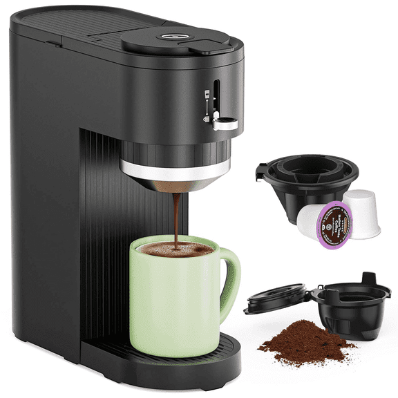 Auseo Single Serve Coffee Maker, 6-14 Oz, Capsules & Grounds, Perfect for Home/Office/Travel, Black