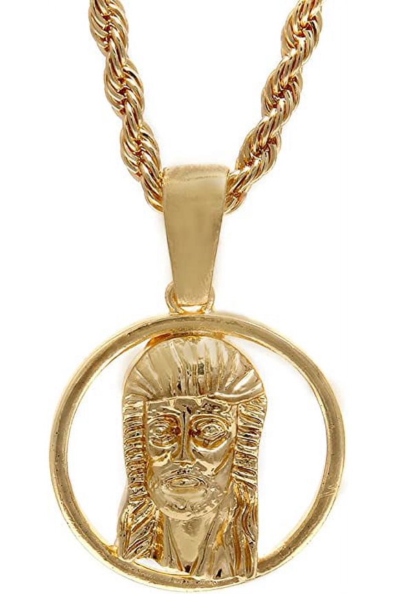 Hip Hop Bling Gold Tone Cut Out Jesus Face Pendant 24" Rope Chain #1097