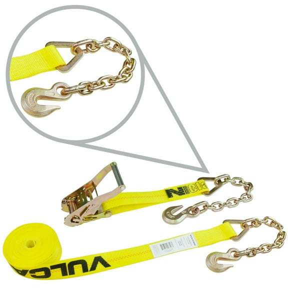 VULCAN Ratchet Strap - Chain Anchors - 2 inch x 30 foot - Classic Yellow - Case of 5 - 3600 Lbs SWL