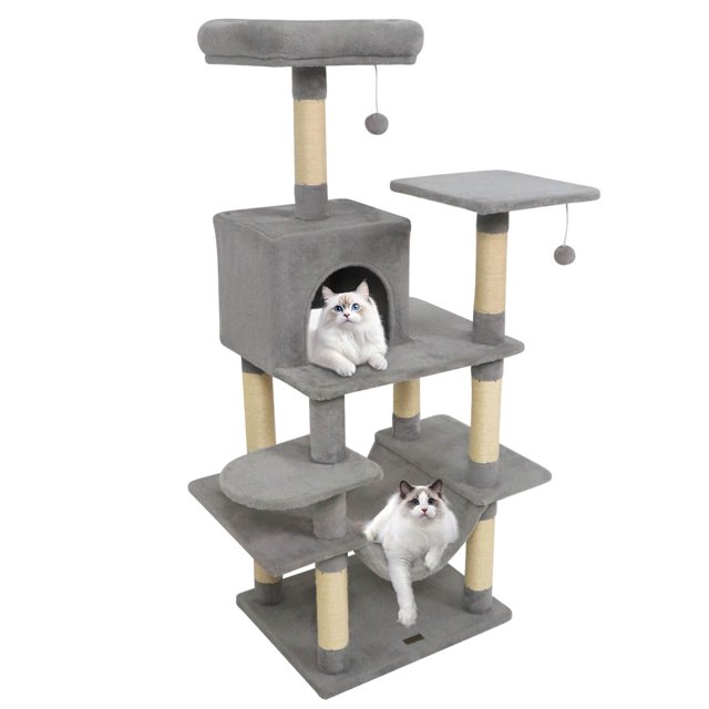Costway 58" Tall Multi-level Cat Tree with Upholstered Perch & Cat Condo, Comfy Hammock Light Gray